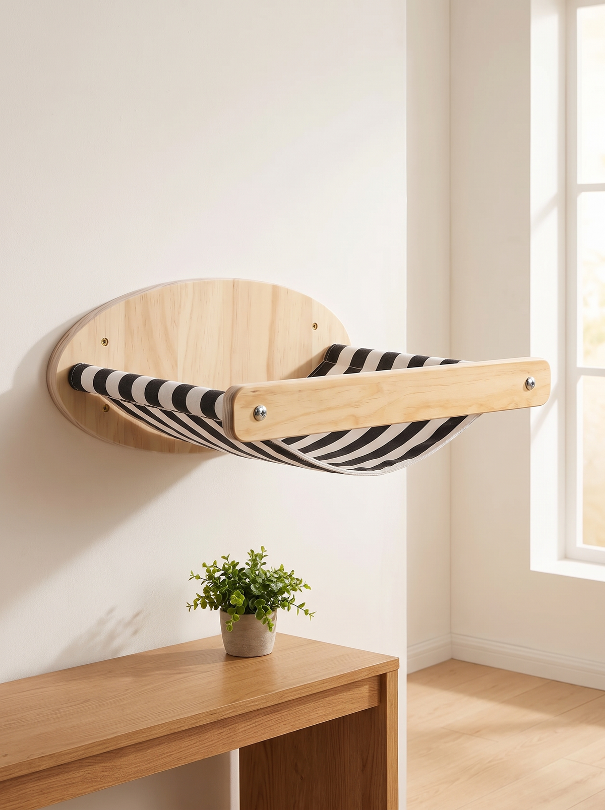 S2 Striped cat wall hammock mounted beside a window above a warm oak console
