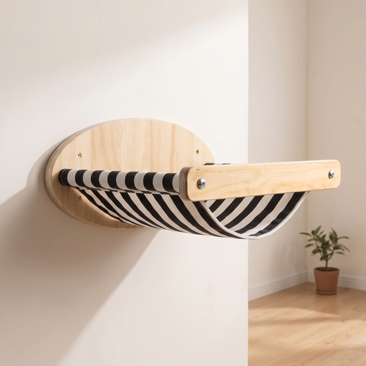 S0 Striped cat wall hammock on its round pale pine wall disc in a bright cream room