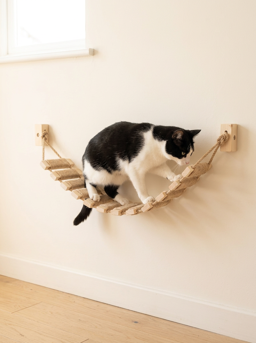 Cat crossing the rope bridge