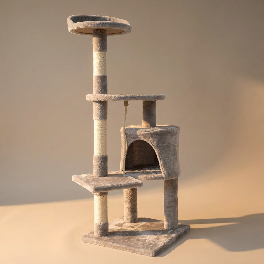 Three-quarter view of the compact cat tree tower
