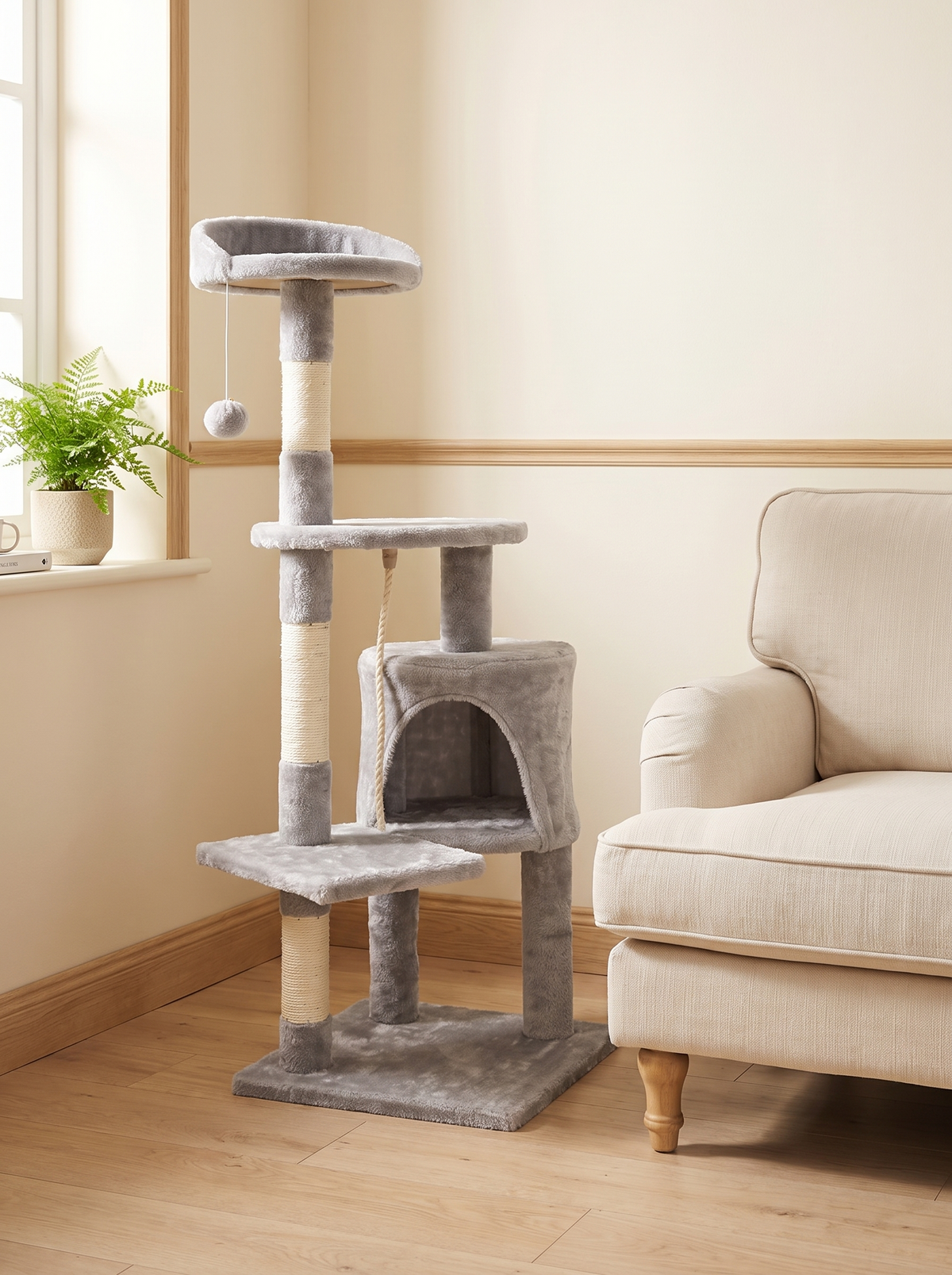 Compact cat tree tower blending into a warm living room