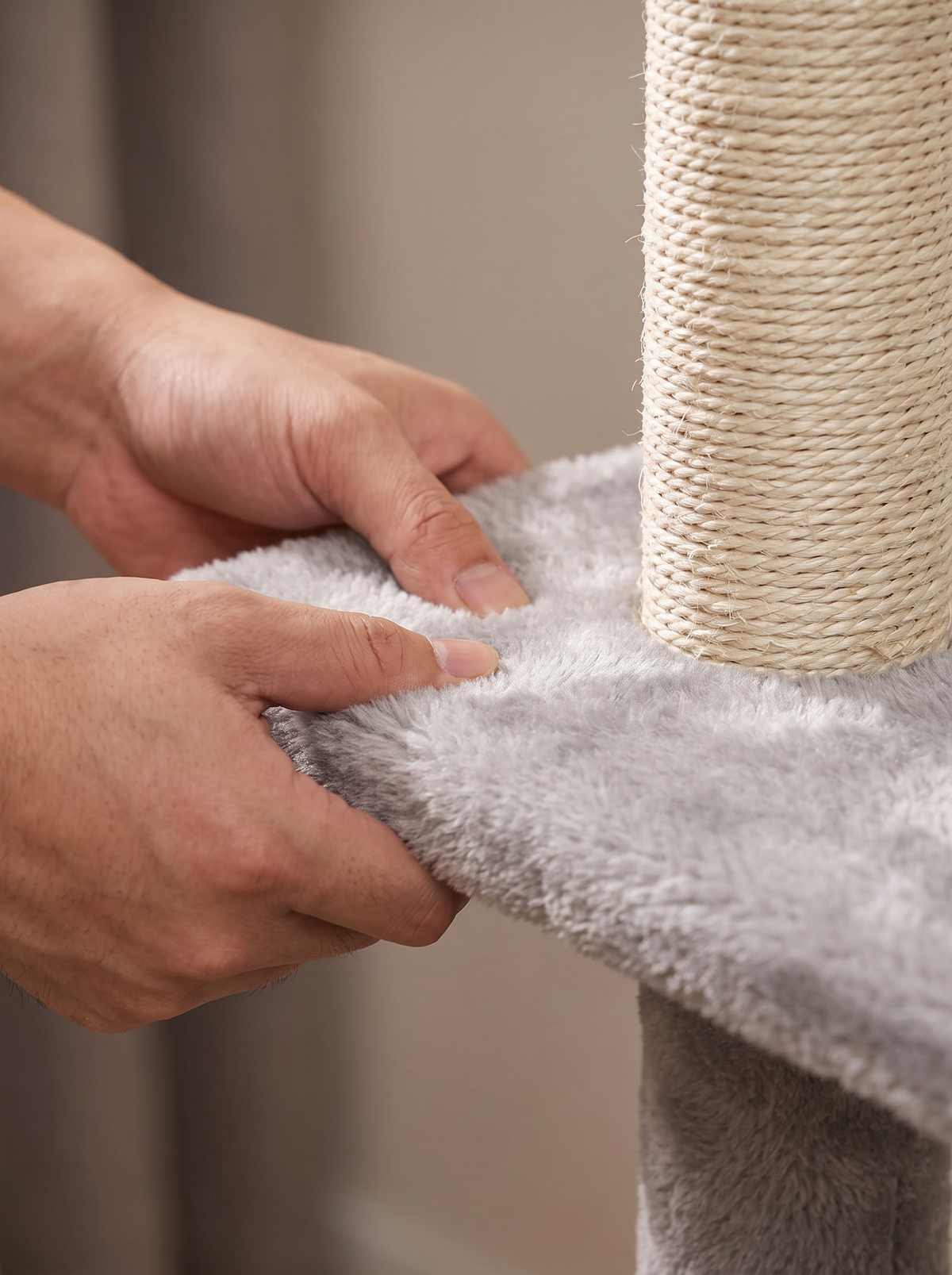 Close detail of the sisal scratching post and plush platform