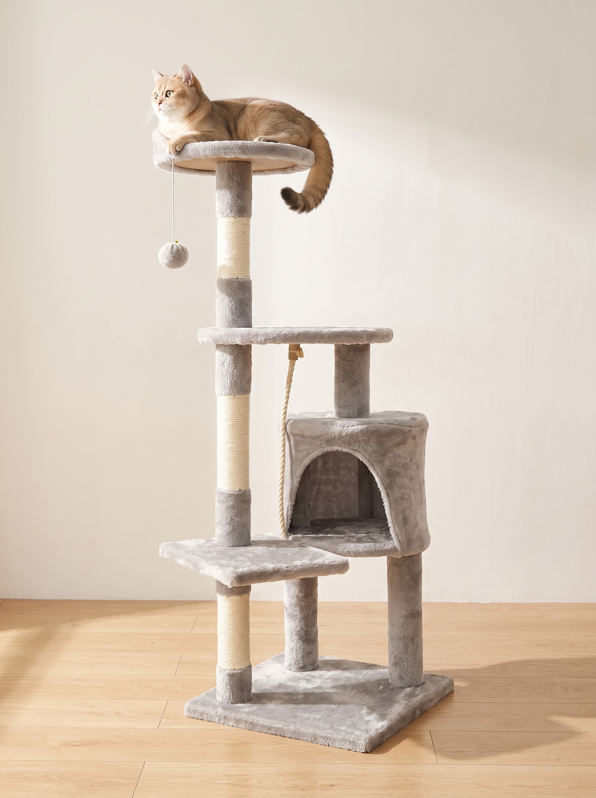 Cat climbing the 4 tier cat tree tower