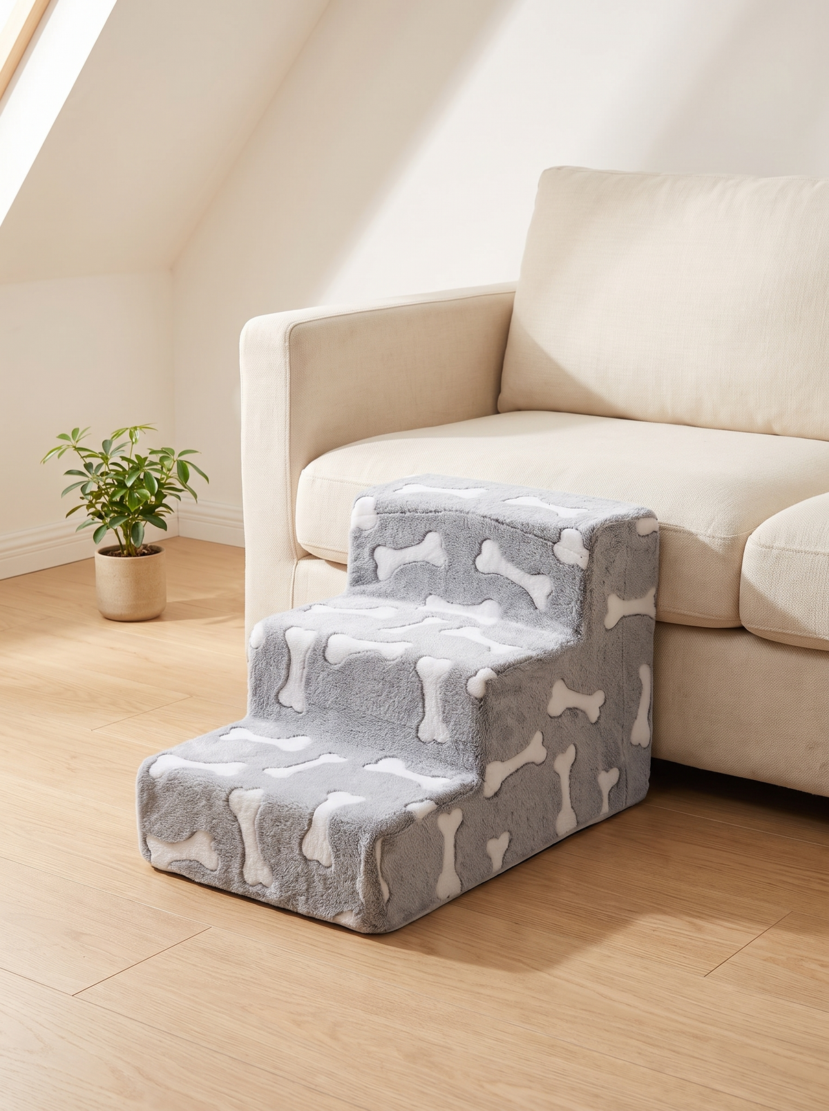 Bone design pet stairs beside the sofa in a warm home