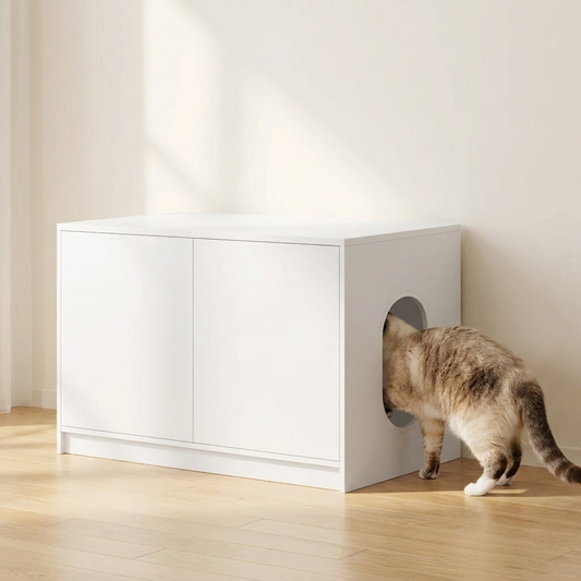 Cat entering the wooden litter enclosure cabinet
