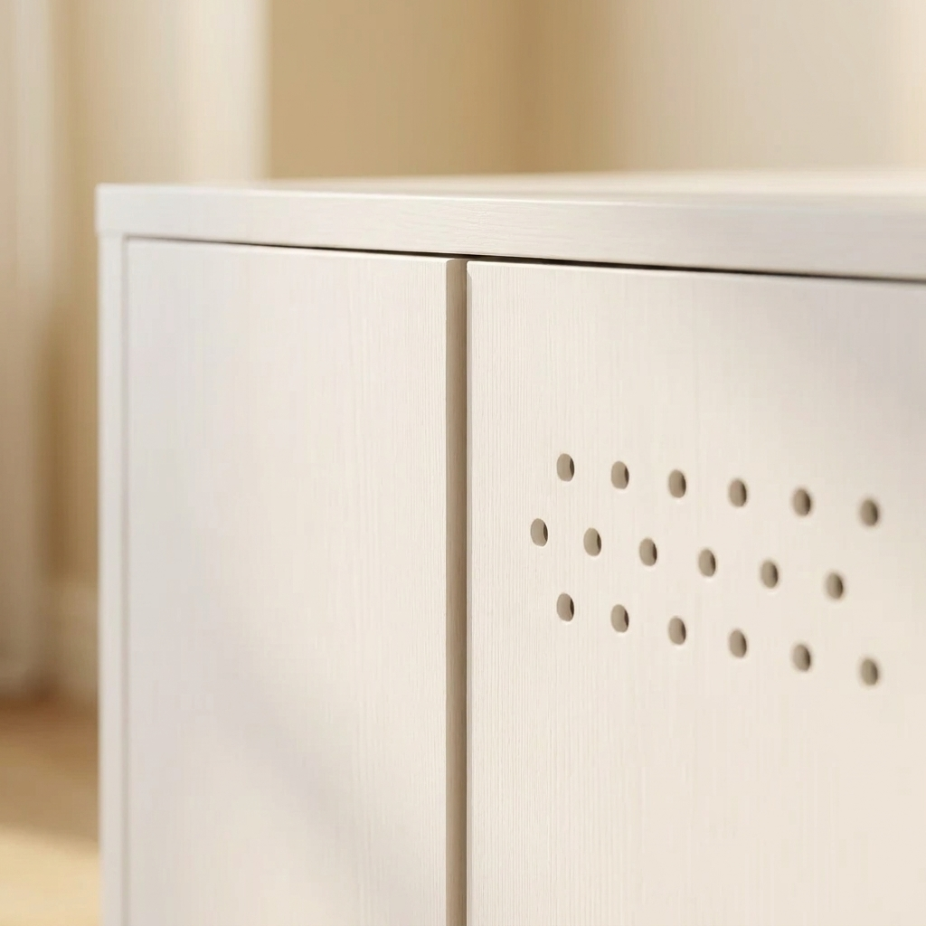 Macro detail of the push-to-open doors on the litter cabinet