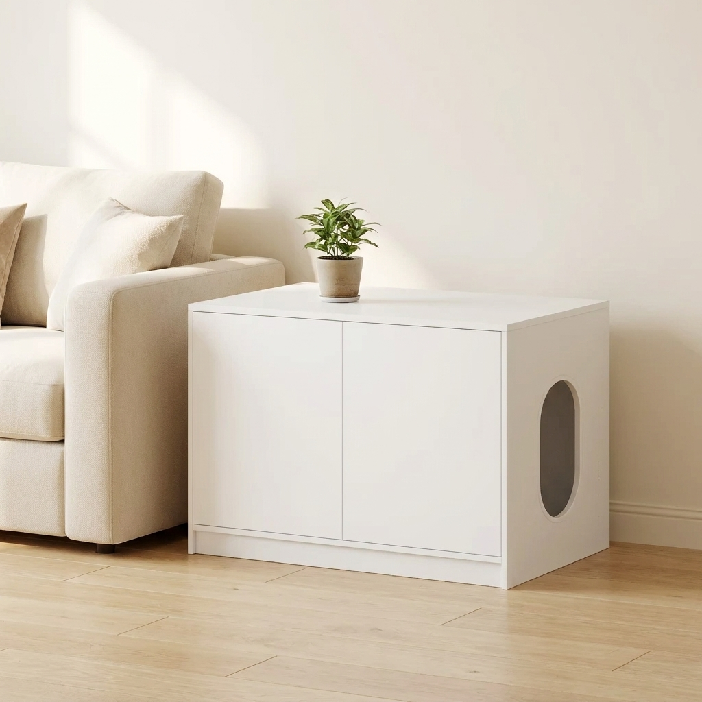 Hidden cat litter box furniture cabinet in a warm British living room
