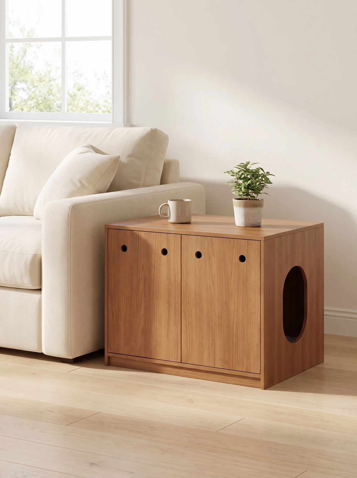Wooden litter box enclosure cabinet styled in a warm living room