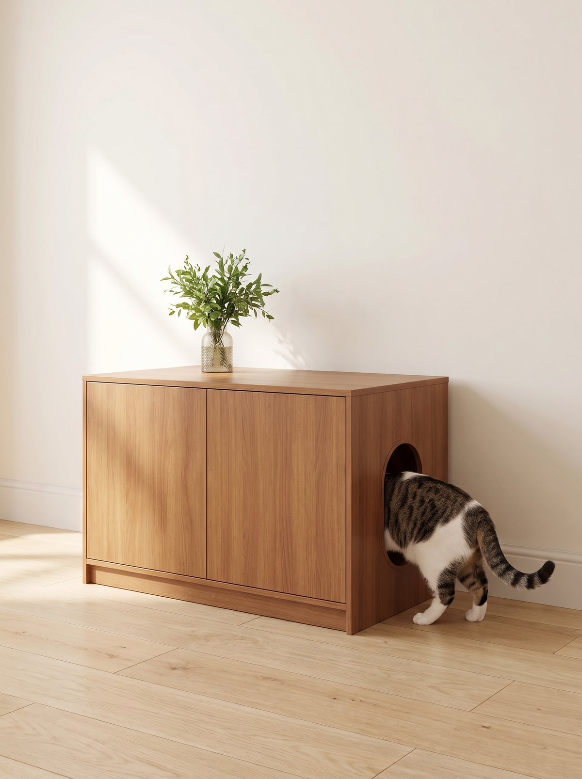 Cat using the hidden litter box cabinet through its entry