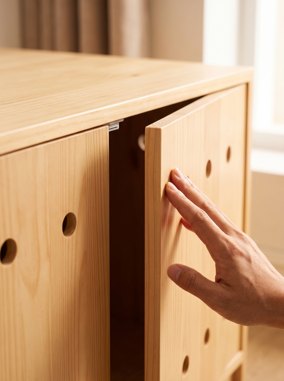 Close detail of the push-to-open door and wood grain finish
