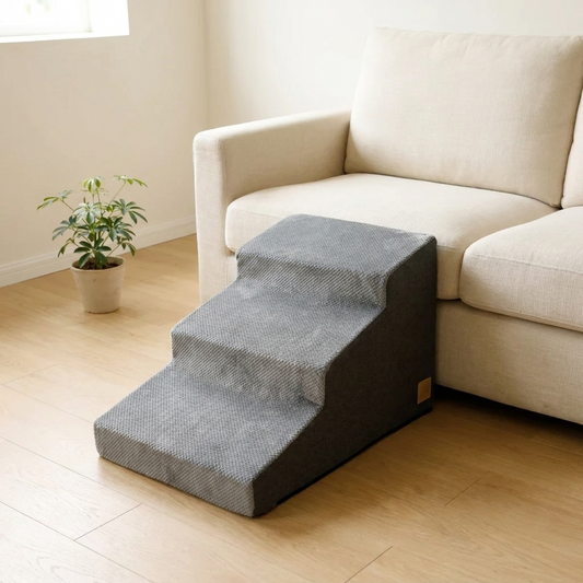 Premium 3 step pet stairs with washable cover beside a sofa in a warm UK home