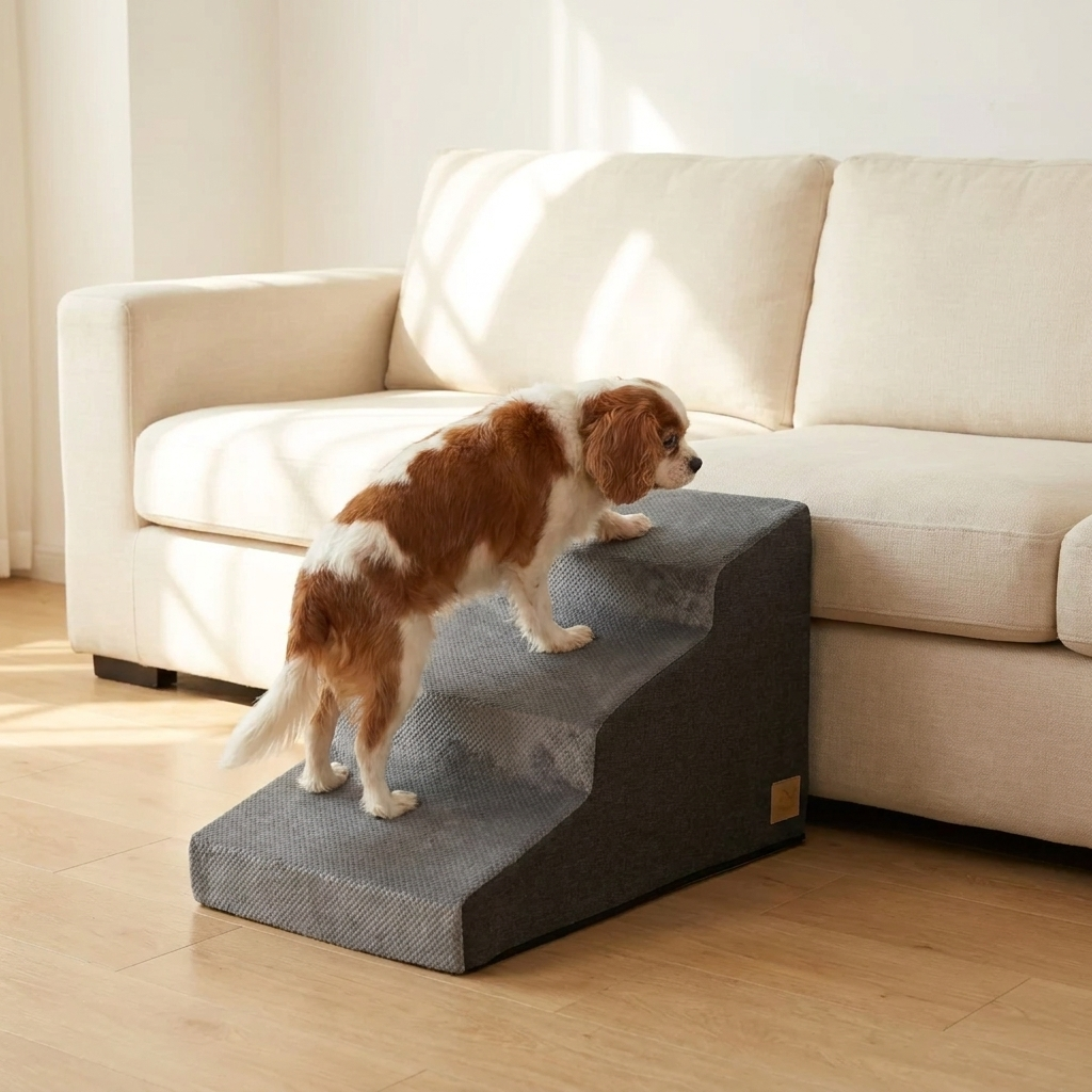 Small dog climbing the non slip pet stairs to the sofa