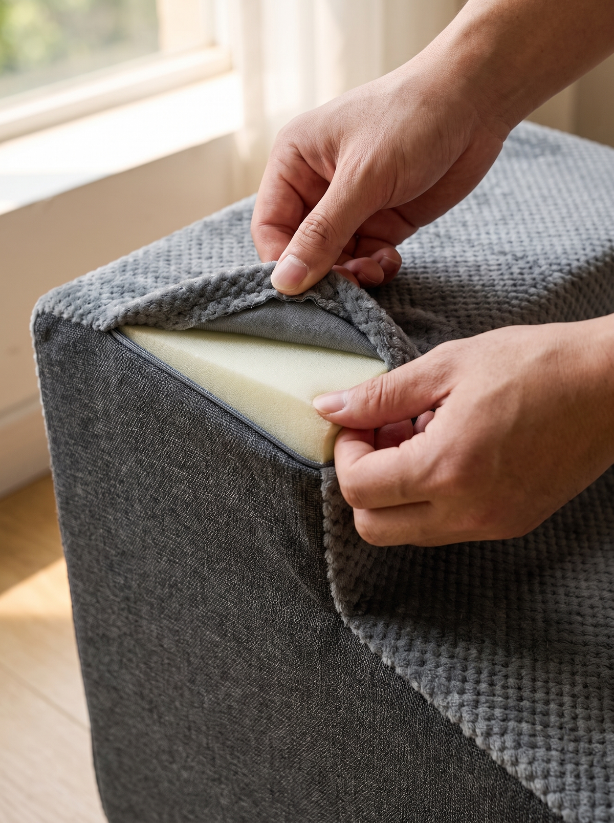 Close detail of the soft washable cover fabric on the pet stairs