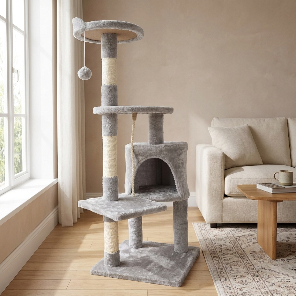 Multi-level cat tree tower with condo in a warm British living room