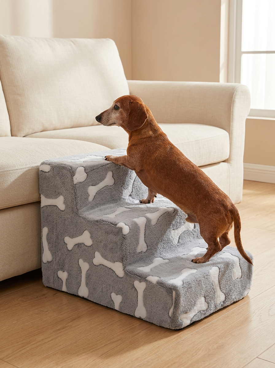 Dachshund climbing the bone design dog stairs to the sofa