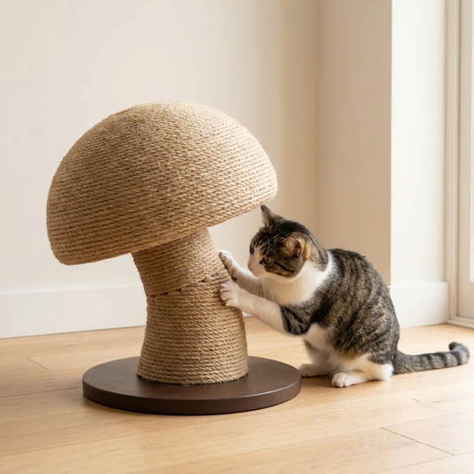 Cat scratching the sisal wrapped mushroom post