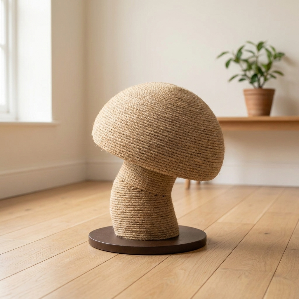 Mushroom cat scratching post in sisal rope standing in a warm UK living room
