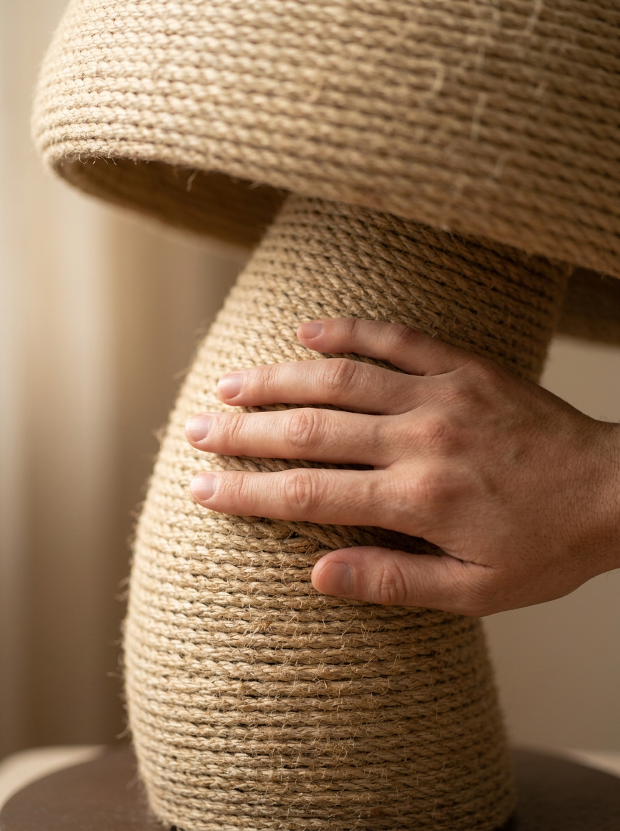 Close detail of the wound sisal rope on the curved stem