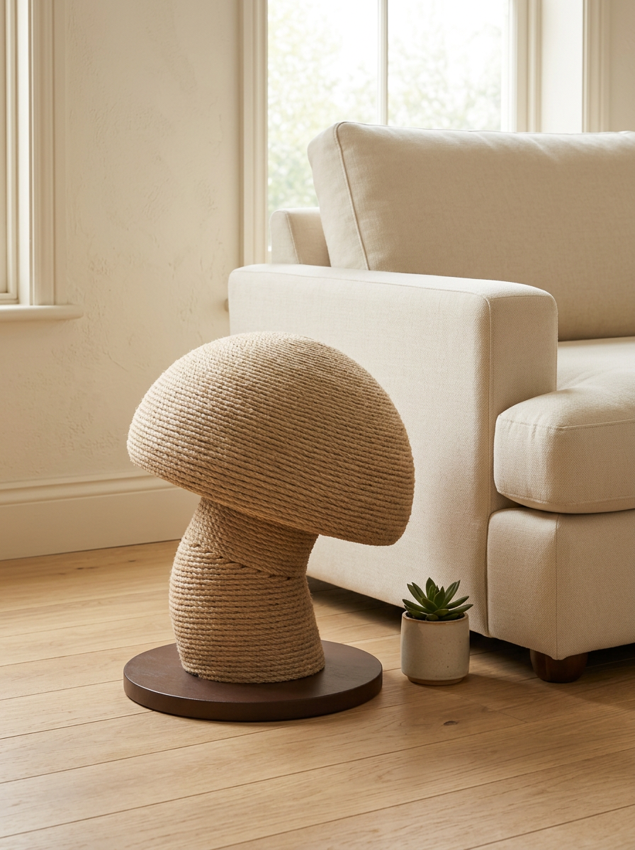 Mushroom cat scratcher as sculptural decor in a warm living room