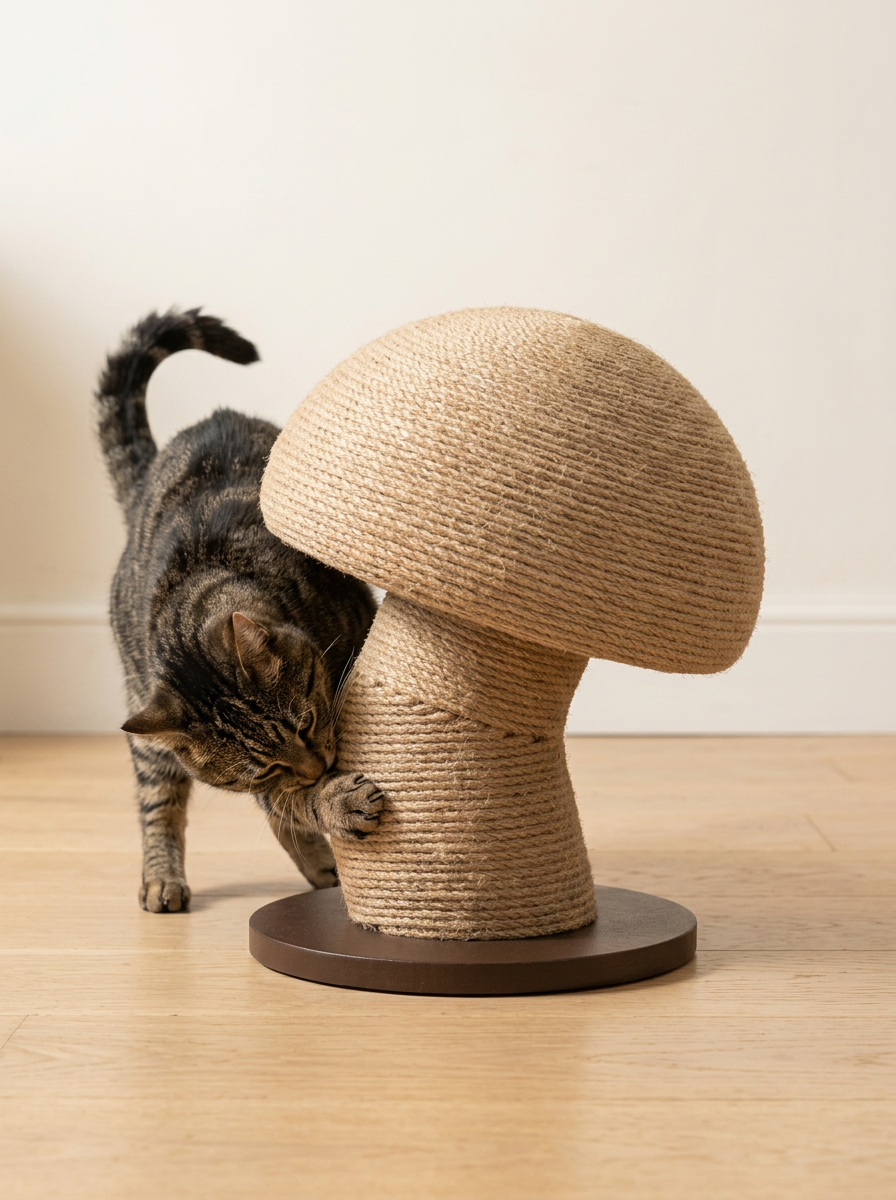 Cat scratching the sisal mushroom post