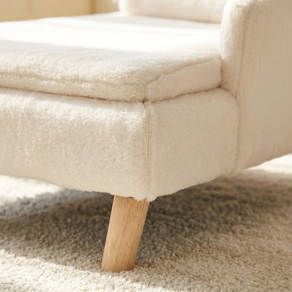 Close detail of the tapered pale wooden leg joining the cream plush upholstered frame