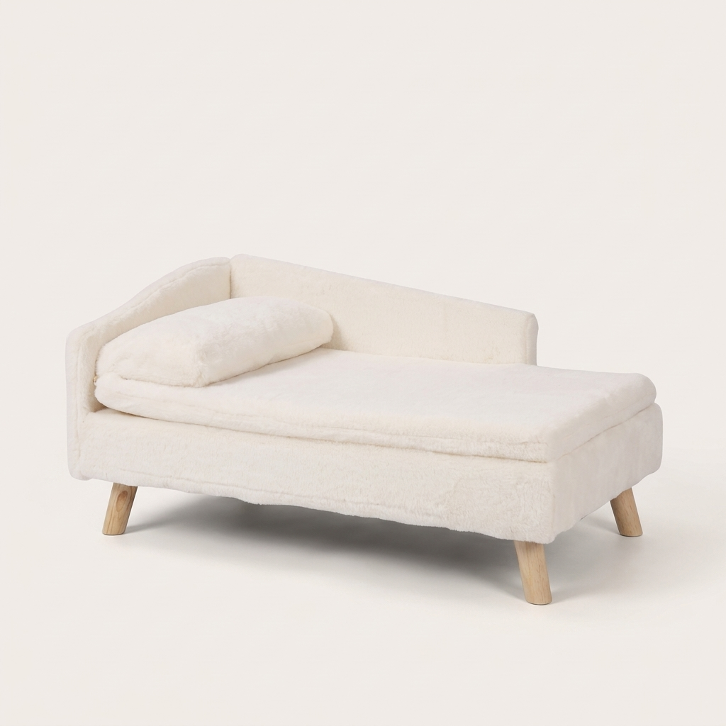 Studio view of the chaise shaped pet sofa bed showing all four wooden legs