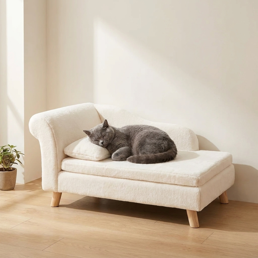Grey cat asleep on the cream plush cushion of the elevated pet stool bed