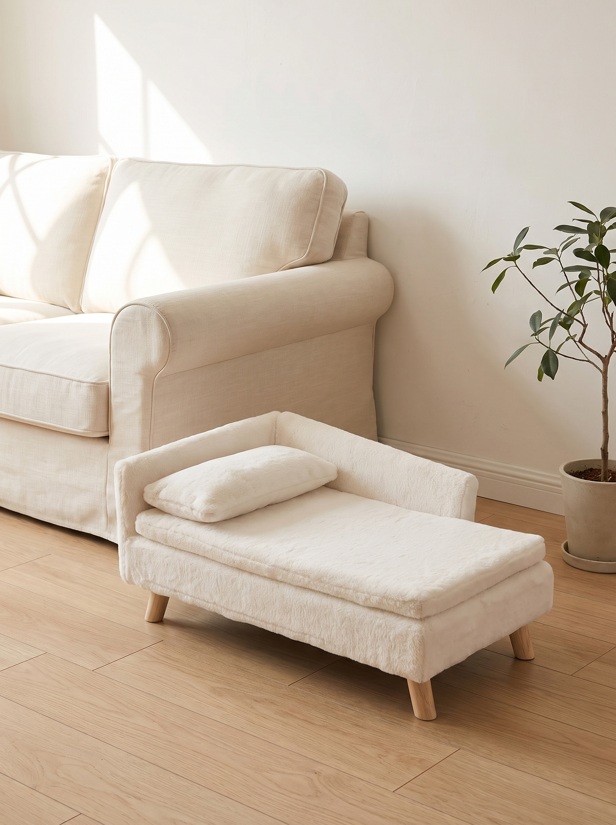 The cream plush elevated pet stool bed beside a cream sofa in a bright British living room