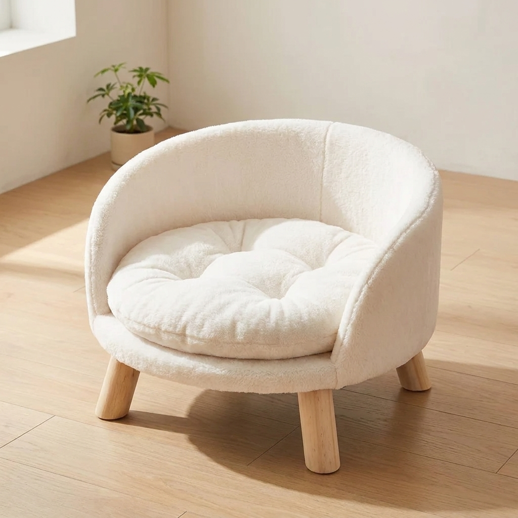 Cream plush cat nesting chair bed on pale wooden legs in a bright British living room