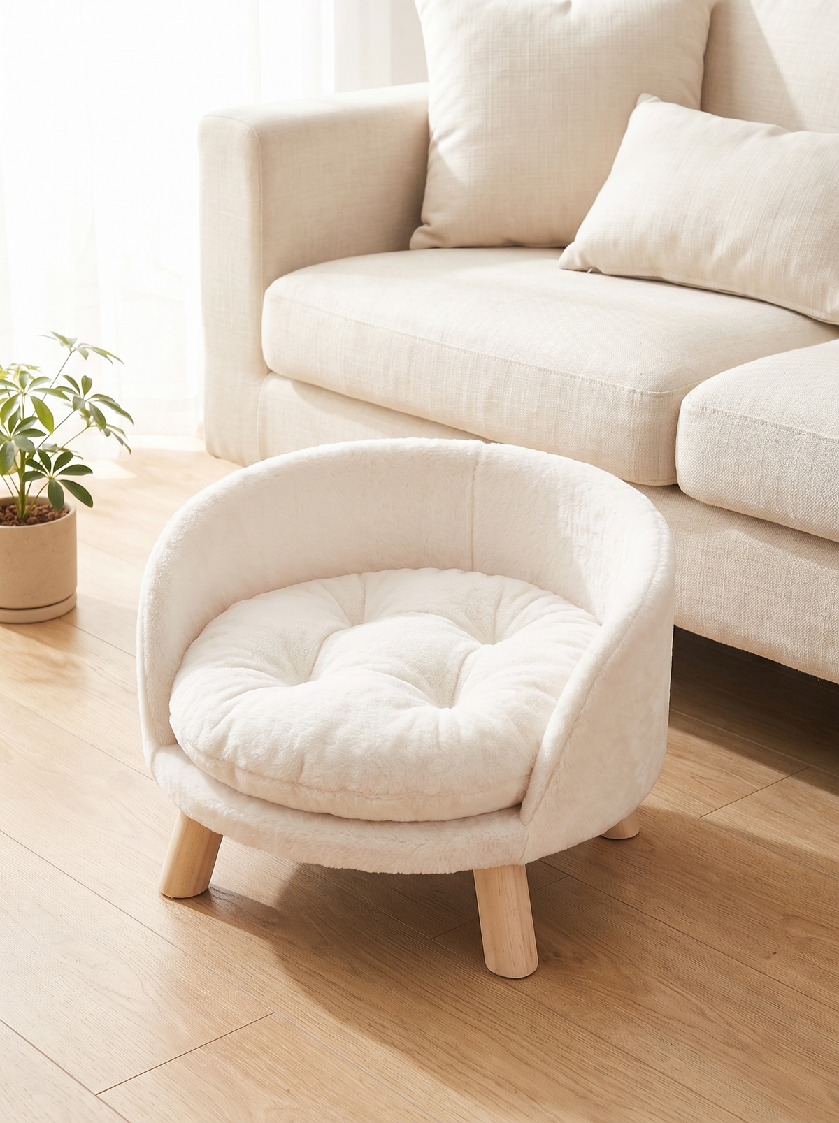 The round cat nesting chair bed beside a cream sofa in a bright British living room