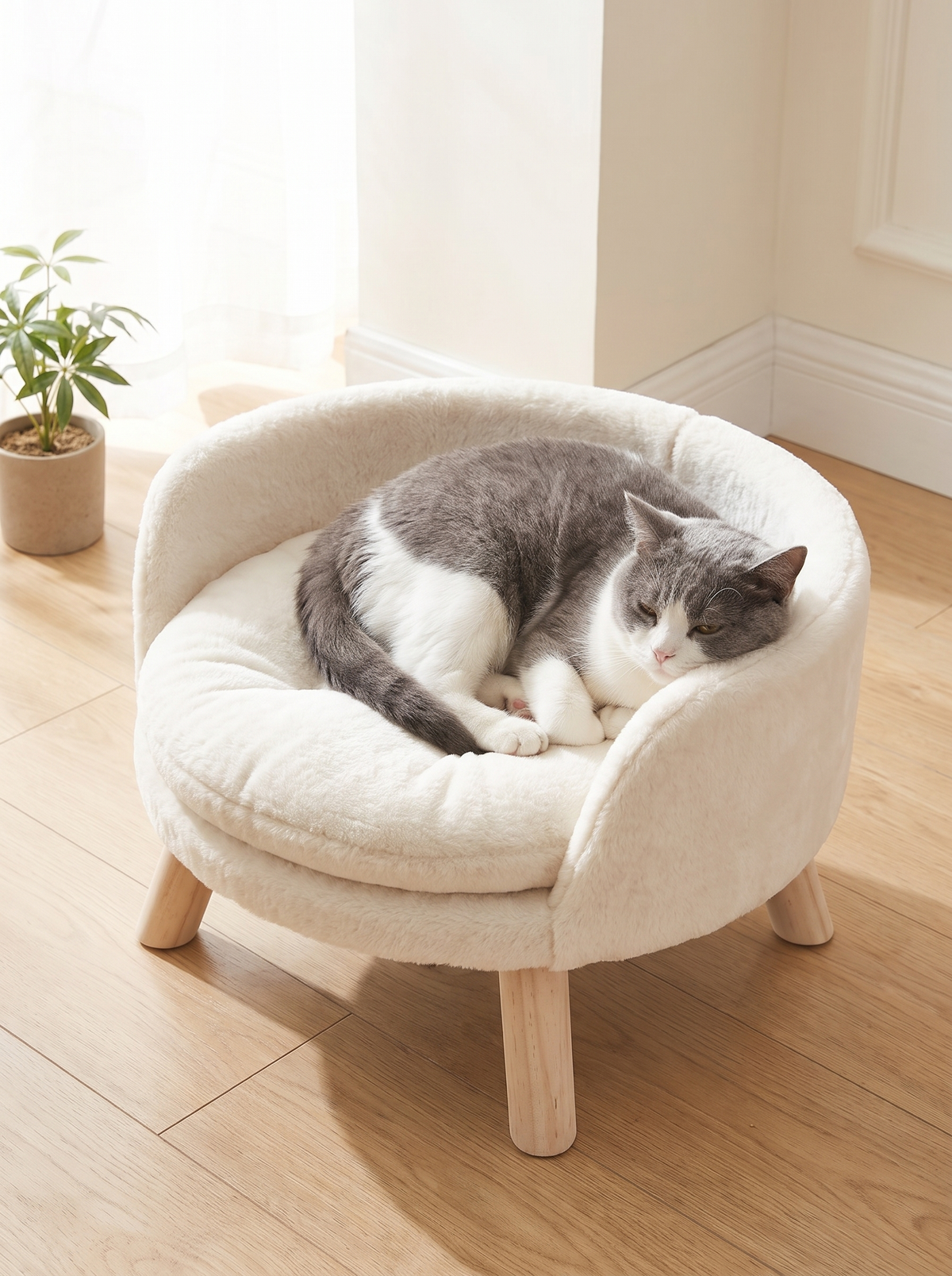 Grey and white cat resting in the cream plush cat nesting chair bed on its wooden legs