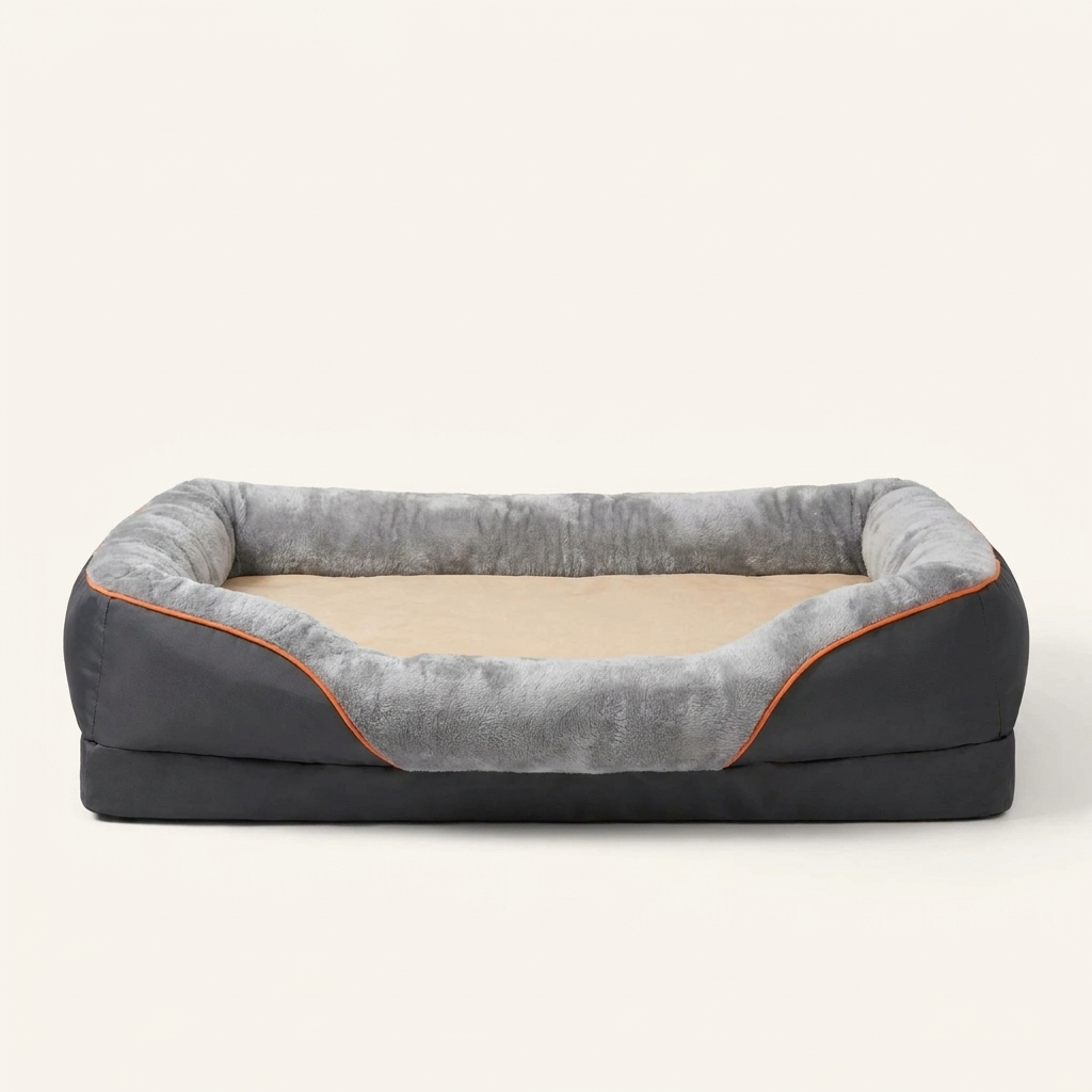 Studio view of the three sided bolster dog bed with its open front