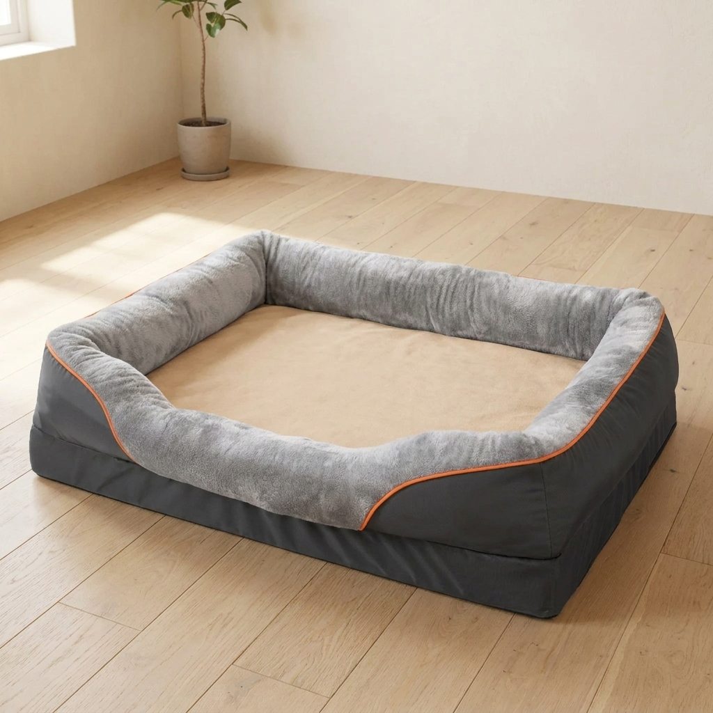 Grey and charcoal three sided bolster dog bed with orange piping in a bright British living room