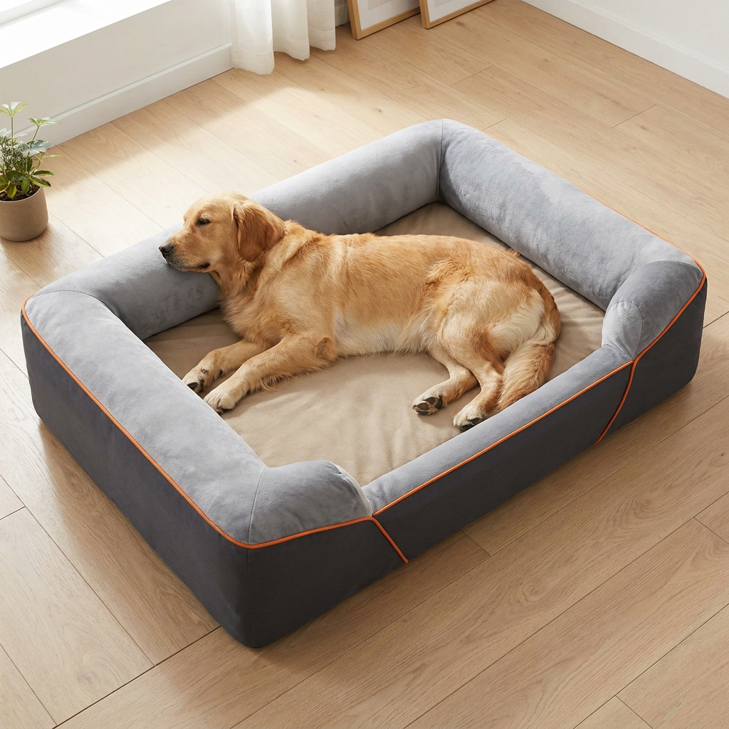 Golden retriever asleep on the beige mattress of the bolster dog bed