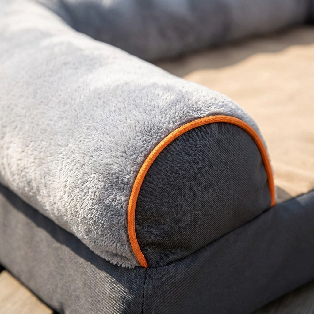 Close detail of the bolster end showing orange piping against the charcoal base fabric