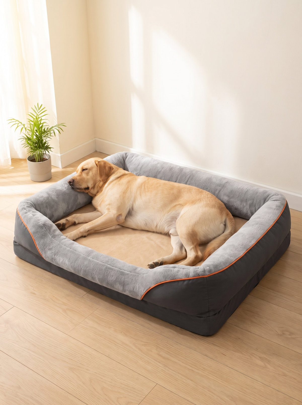 Golden retriever asleep on the beige mattress of the grey and charcoal bolster dog bed