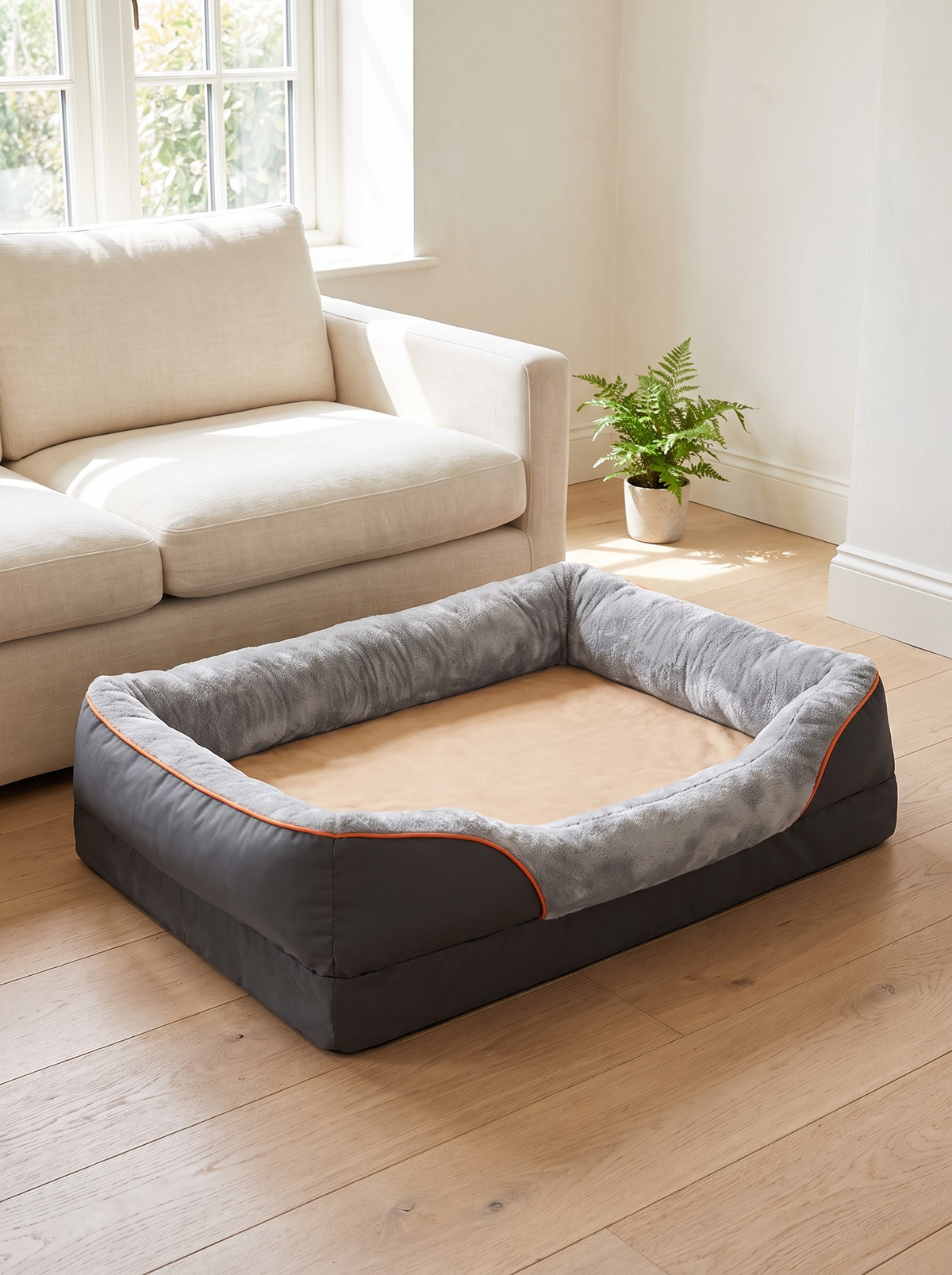 The three sided bolster dog bed on oak floorboards beside a cream sofa