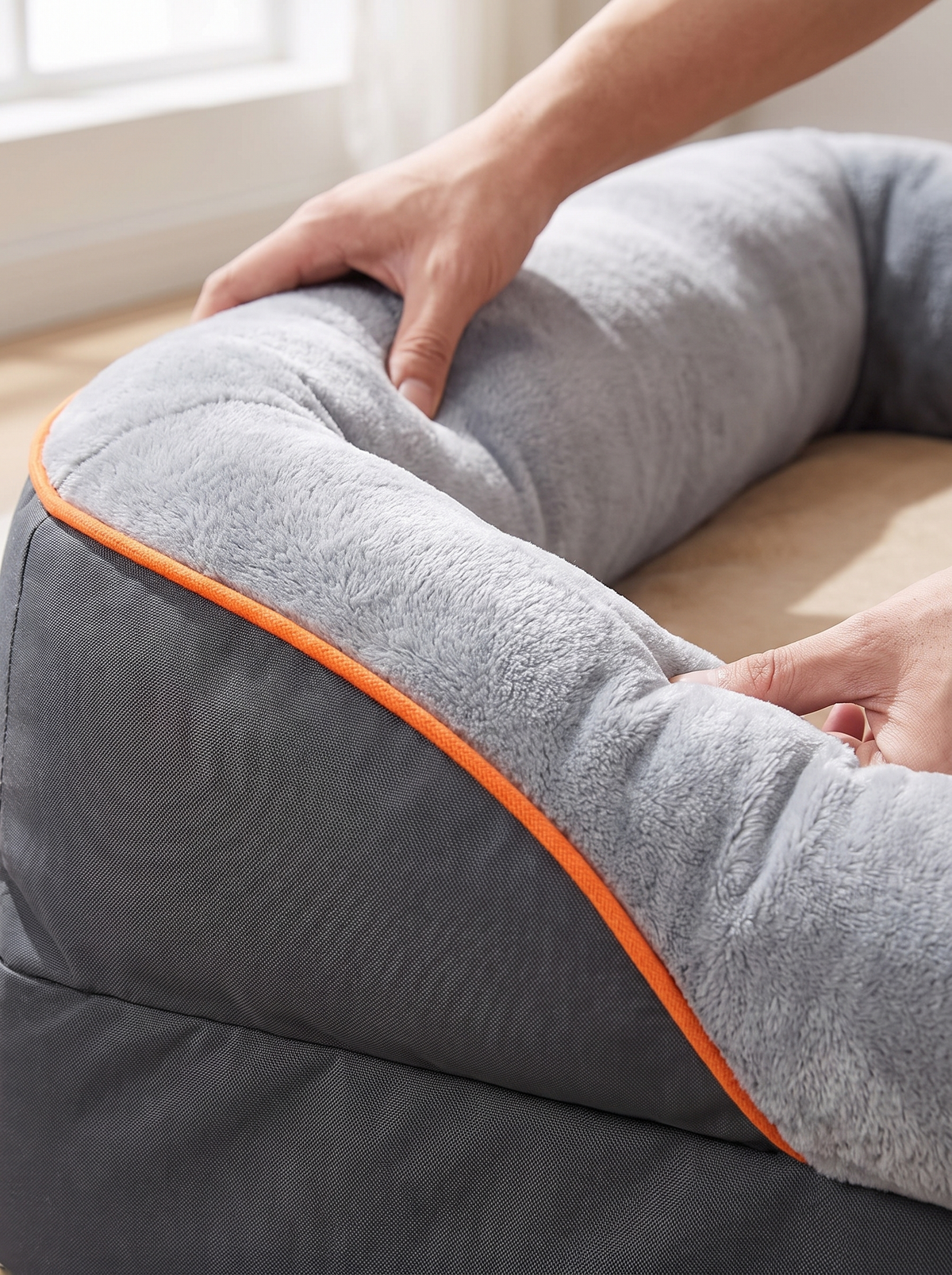 Close detail of the grey bolster and orange piping of the removable washable cover