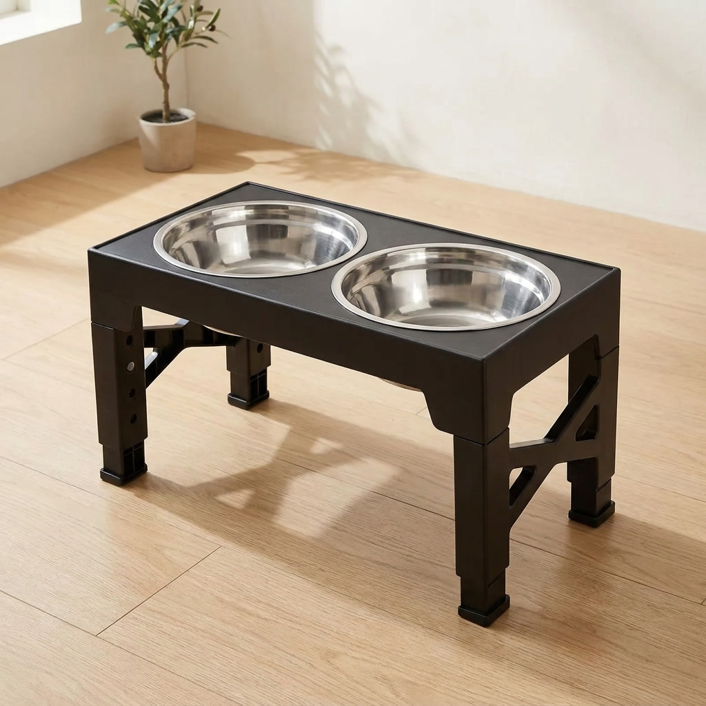 Black height adjustable raised dog bowl stand with two stainless steel bowls on oak floorboards