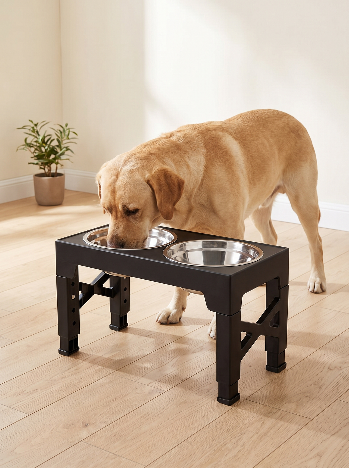Labrador drinking from the black raised dog bowl stand at a comfortable neck height
