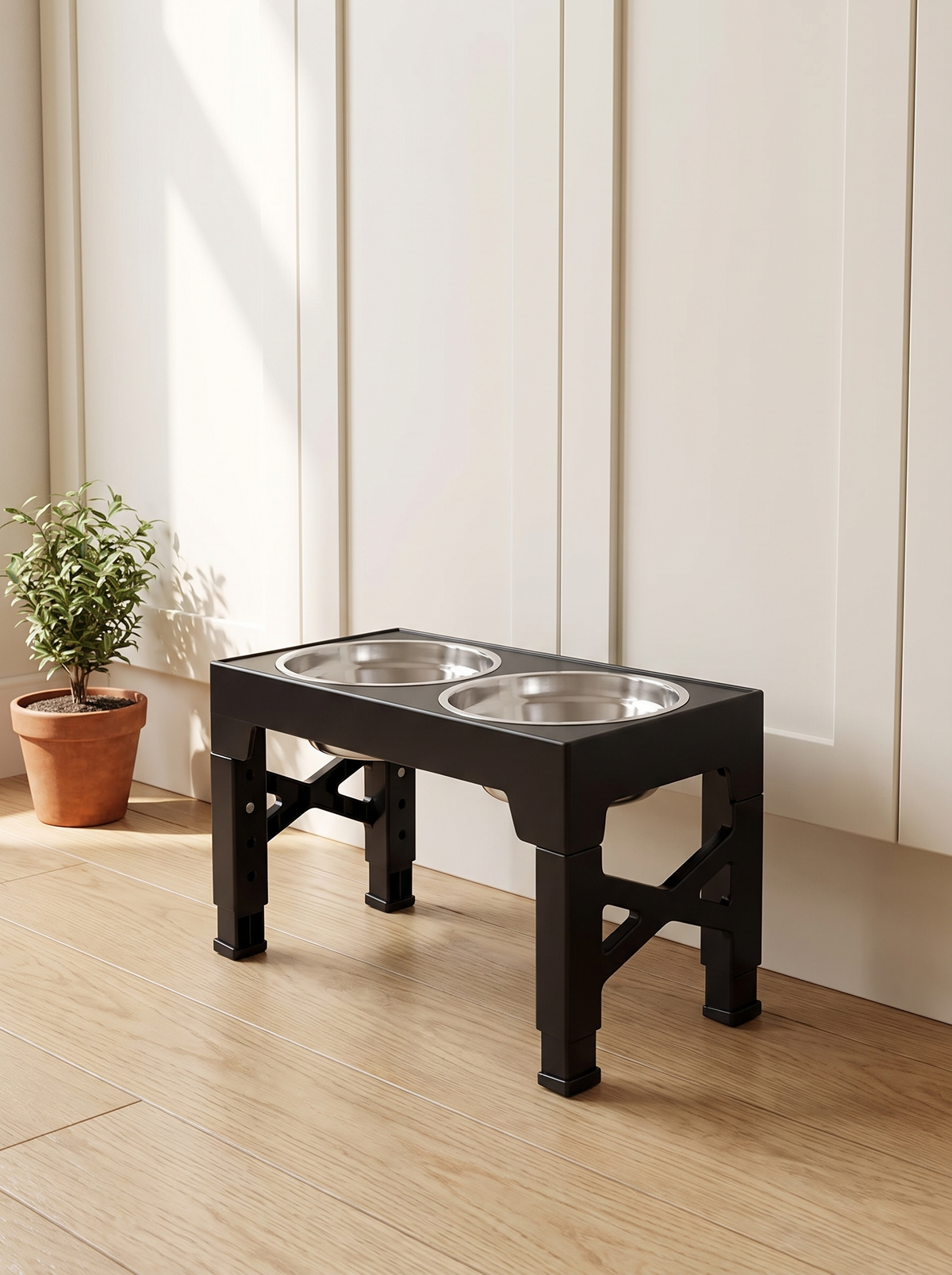 The black adjustable raised dog bowl stand standing against a cream kitchen wall