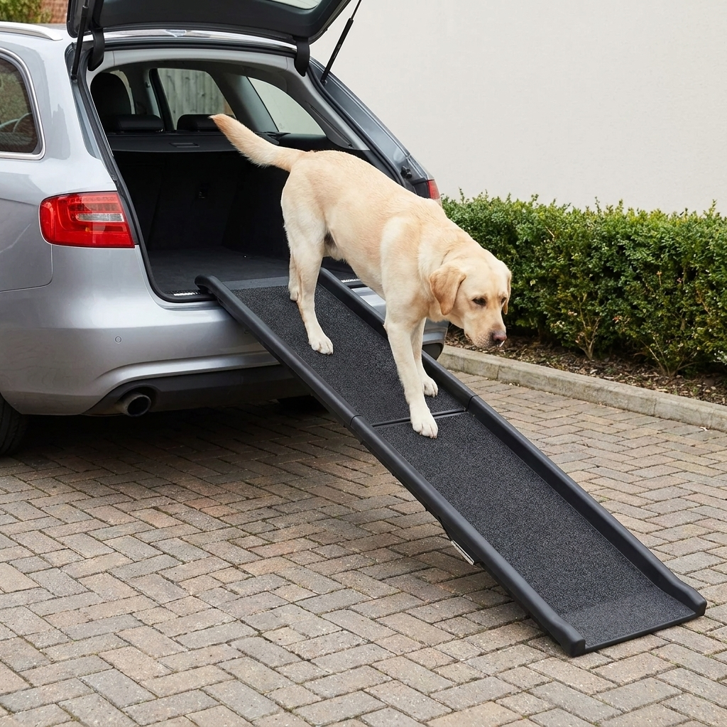 Labrador walking down the non slip dog car ramp from the open boot