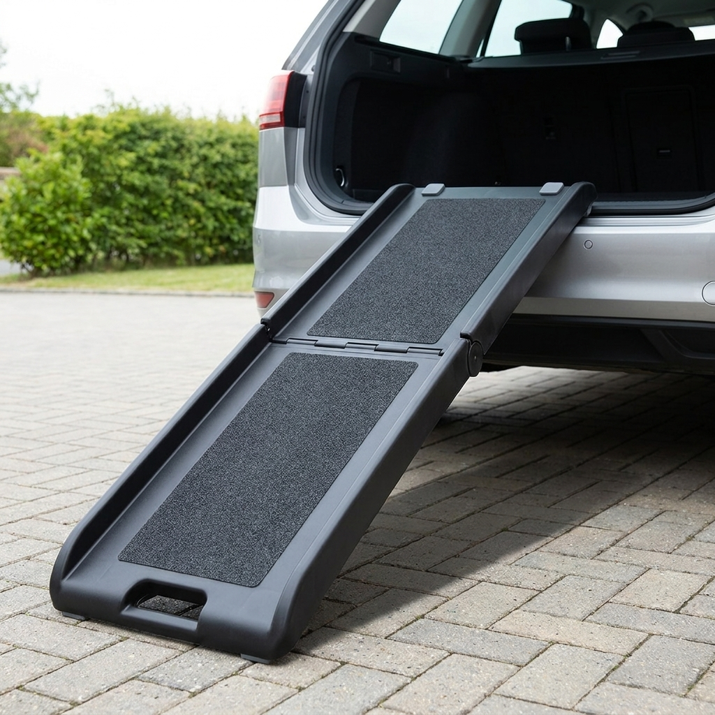 Folding black dog car ramp set up from an estate car boot onto a block paved driveway