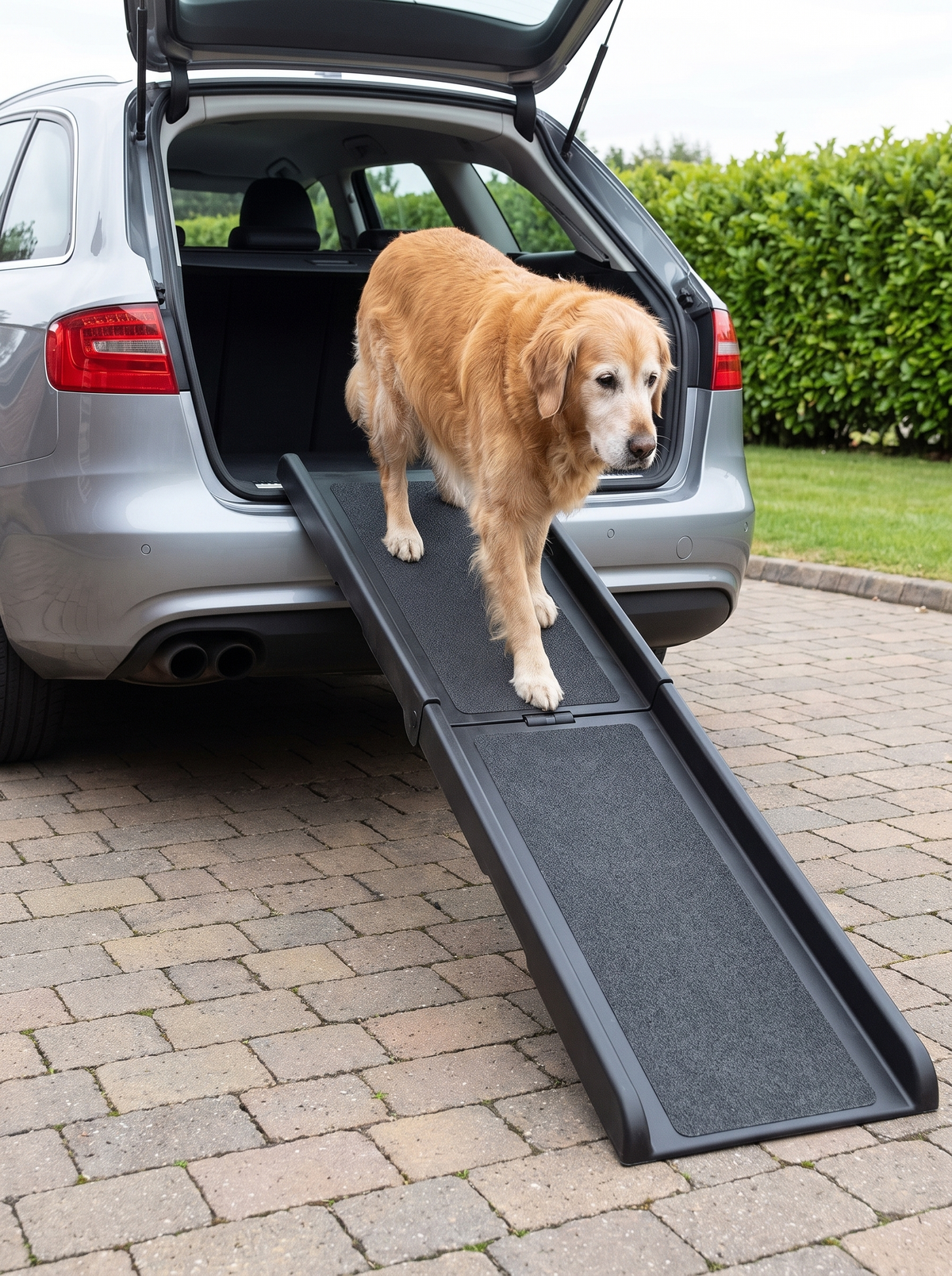Golden retriever walking down the folding dog car ramp from an estate car boot