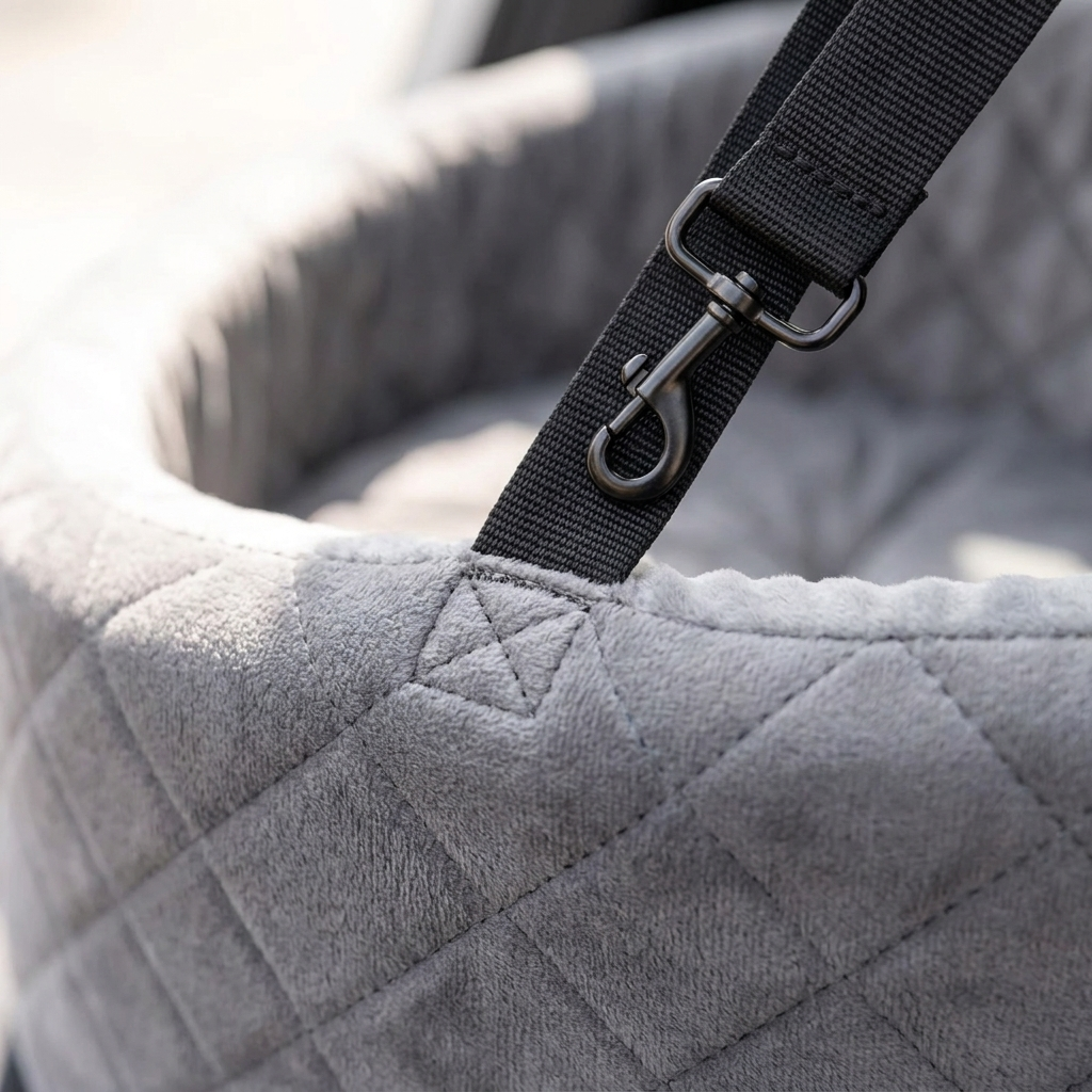 Close detail of the quilted rim and the adjustable strap with its metal snap hook