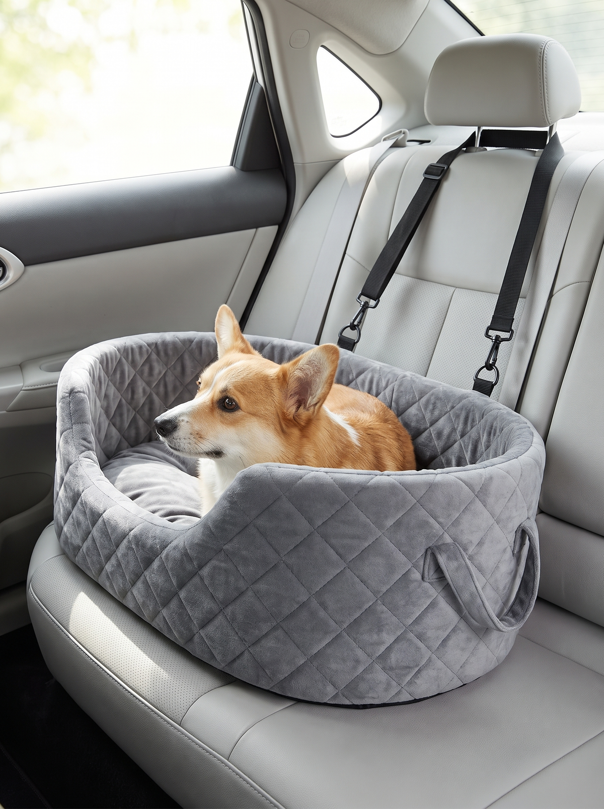 Corgi settled in the grey quilted pet car booster seat on the rear car seat