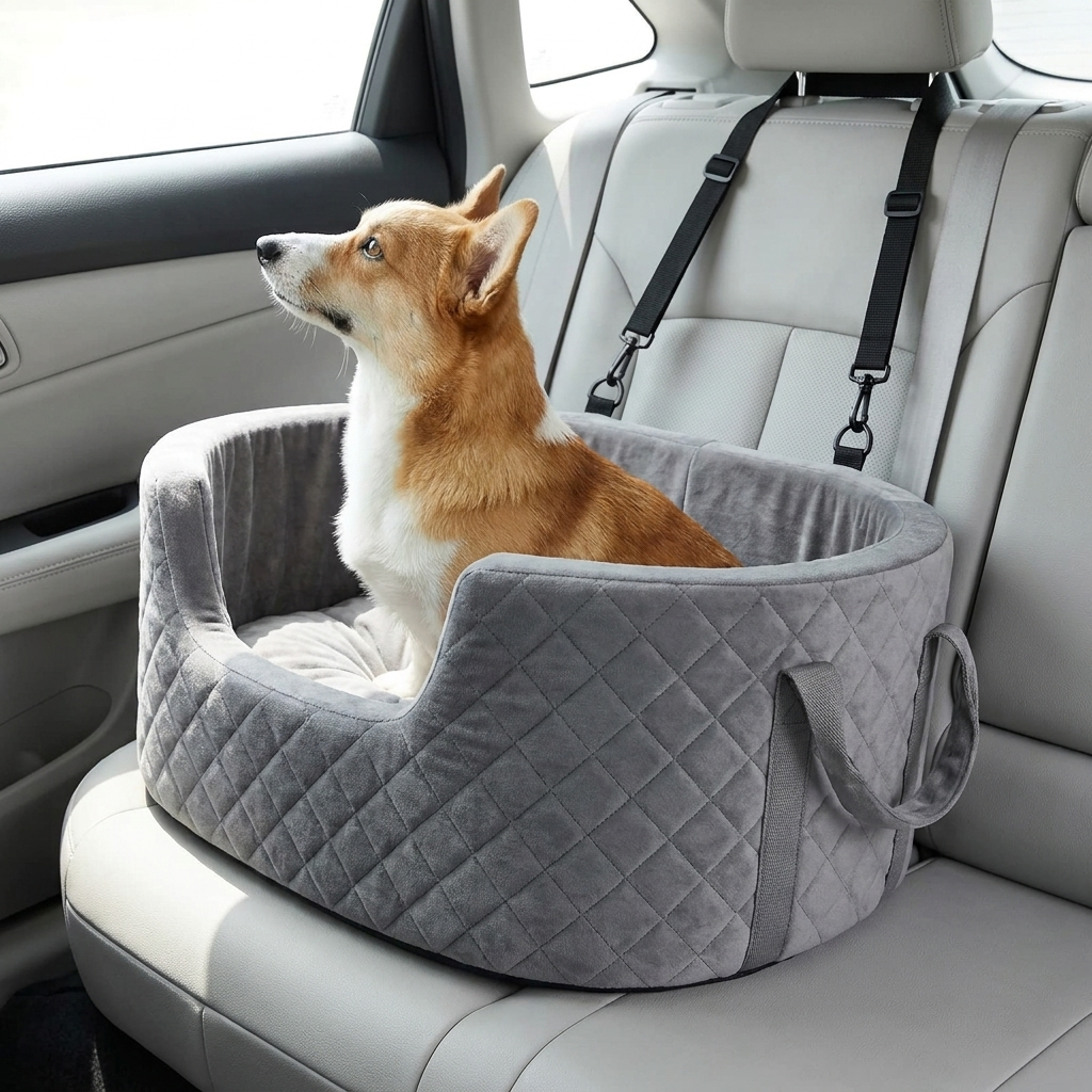 Corgi sitting inside the padded booster seat looking out of the car window