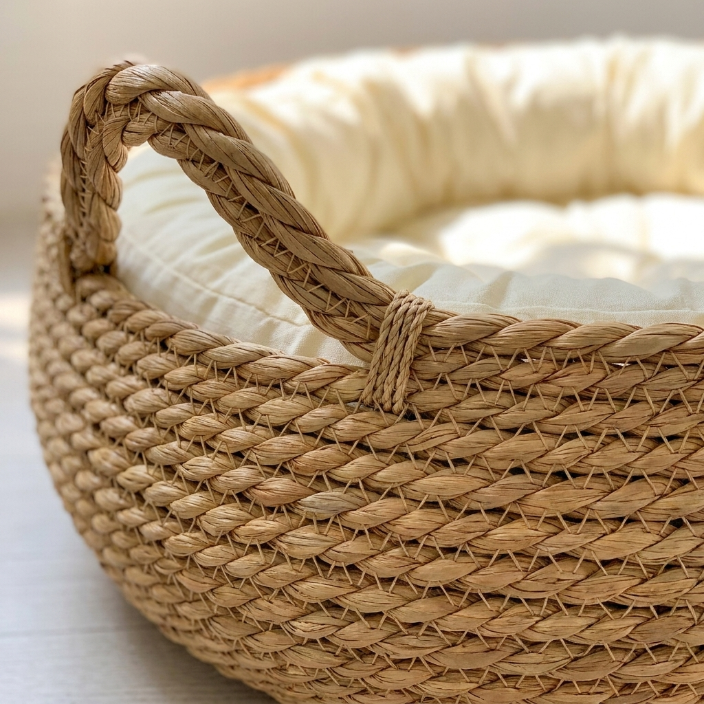 Close detail of the braided seagrass rope weave and one woven rope handle