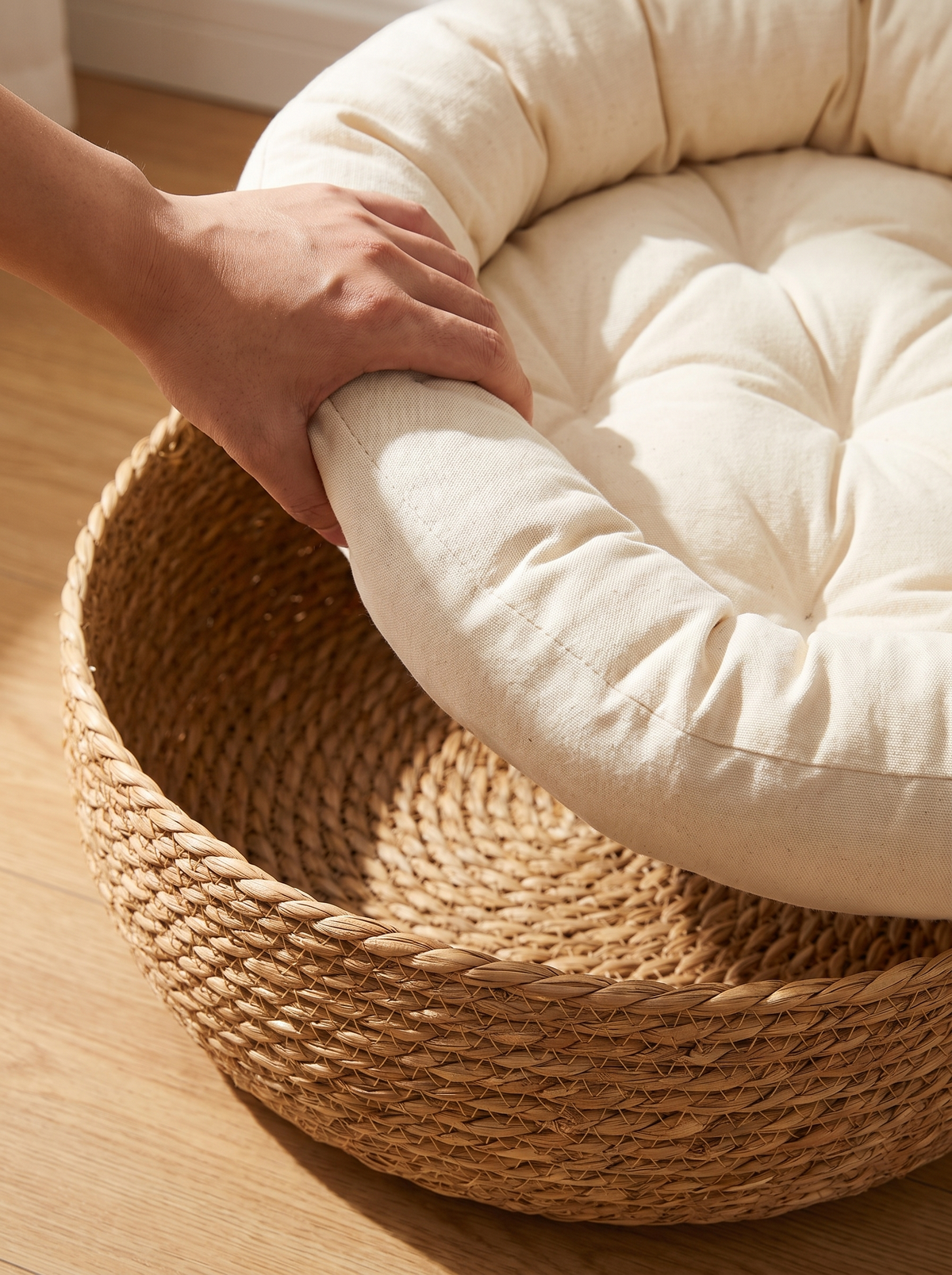 Close detail of the cream tufted cushion being lifted out of the woven basket