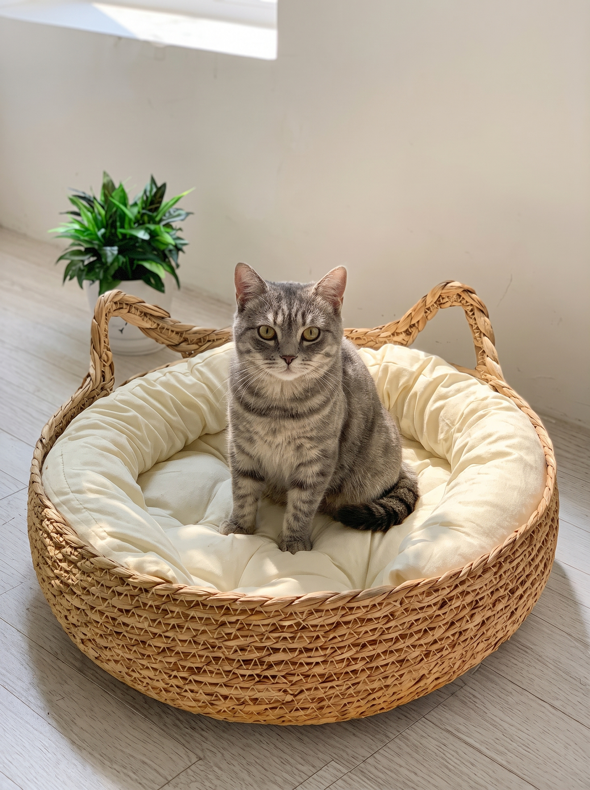 Grey tabby cat sitting in the woven seagrass basket bed in a bright British room